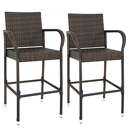 ZenStyle Set of 2 Rattan Style Barstool Brown Wicker Patio Bar Stool Indoor Outdoor with Footrest & Armrest