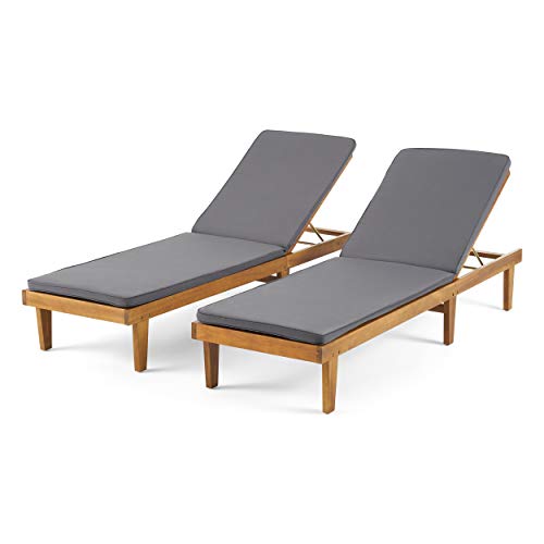 Christopher Knight Home Madge Oudoor Chaise Lounge with Cushion (Set of 2), Teak Finish, Dark Gray