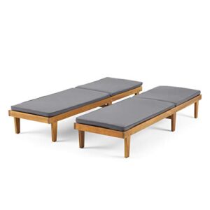 Christopher Knight Home Madge Oudoor Chaise Lounge with Cushion (Set of 2), Teak Finish, Dark Gray