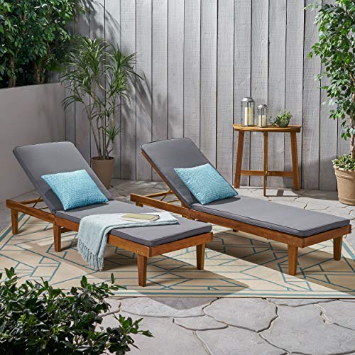 Christopher Knight Home Madge Oudoor Chaise Lounge with Cushion (Set of 2), Teak Finish, Dark Gray