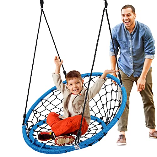 SereneLife Web Chair Swing 35.5" Inch Hanging Netted Seat Kids Indoor Outdoor Yard Round Circle Saucer Swing for Trees or Swing Sets - All Season UV Resistant Rope Net Swing