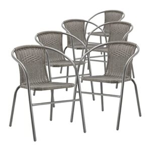 pack of 6 gray wicker rattan indoor-outdoor dining chairs | patio dining chairs | outdoor restaurant stackable chairs. deck chairs (6)