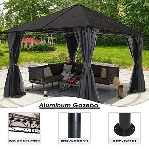 COOSHADE 10×10 Hardtop Patio Gazebos Waterproof Outdoor Gazebo with Curtains and Mosquito Netting (Dark Grey)