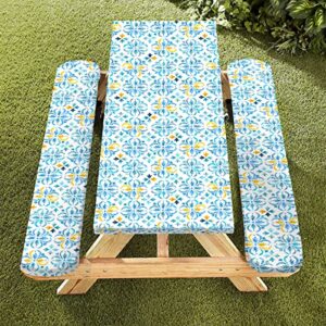 Famibay Fitted Picnic Table Cover and Bench Covers Boho Picnic Table Covers with Elastic Edges Camping Tablecloth Washable Reusable for Outdoors, Camping, BBQ(Blue, 12" x72"+30" x72")