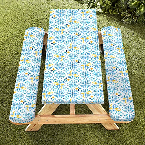 Famibay Fitted Picnic Table Cover and Bench Covers Boho Picnic Table Covers with Elastic Edges Camping Tablecloth Washable Reusable for Outdoors, Camping, BBQ(Blue, 12" x72"+30" x72")