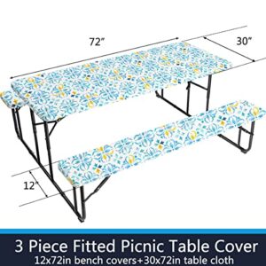 Famibay Fitted Picnic Table Cover and Bench Covers Boho Picnic Table Covers with Elastic Edges Camping Tablecloth Washable Reusable for Outdoors, Camping, BBQ(Blue, 12" x72"+30" x72")