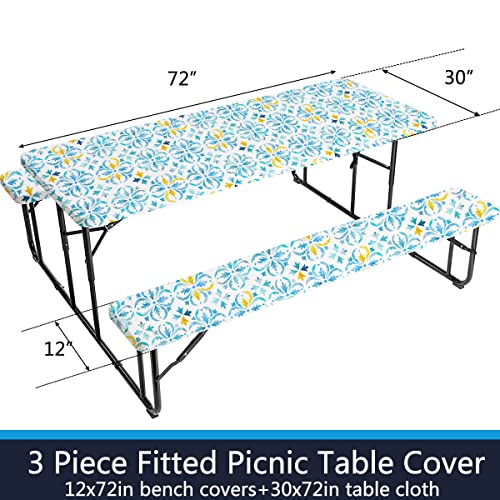 Famibay Fitted Picnic Table Cover and Bench Covers Boho Picnic Table Covers with Elastic Edges Camping Tablecloth Washable Reusable for Outdoors, Camping, BBQ(Blue, 12" x72"+30" x72")