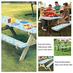 Famibay Fitted Picnic Table Cover and Bench Covers Boho Picnic Table Covers with Elastic Edges Camping Tablecloth Washable Reusable for Outdoors, Camping, BBQ(Blue, 12" x72"+30" x72")