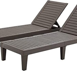 MELLCOM Outdoor Chaise Lounge Chairs Set of 2, All-Weather Patio Loungers with 5-Position Adjustable Backrest and Wood Texture Design, Reclining Chair for Patio, Garden, Beach, Poolside, Balcony