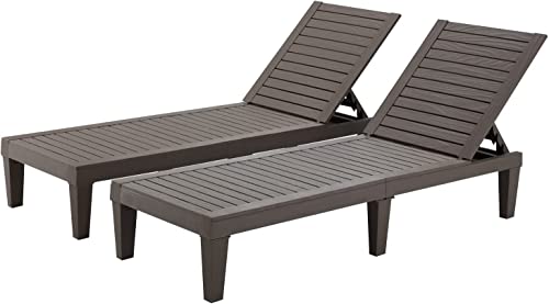 MELLCOM Outdoor Chaise Lounge Chairs Set of 2, All-Weather Patio Loungers with 5-Position Adjustable Backrest and Wood Texture Design, Reclining Chair for Patio, Garden, Beach, Poolside, Balcony