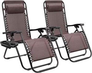 set of 2 adjustable steel mesh zero gravity lounge chair recliners w/pillows and cup holder trays (brown)