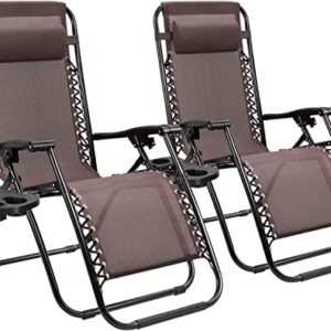 Set of 2 Adjustable Steel Mesh Zero Gravity Lounge Chair Recliners w/Pillows and Cup Holder Trays (Brown)