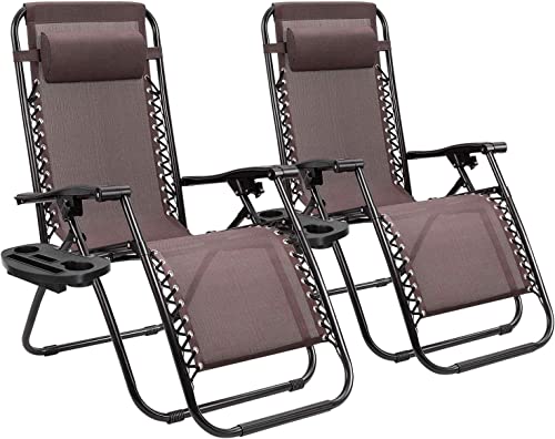 Set of 2 Adjustable Steel Mesh Zero Gravity Lounge Chair Recliners w/Pillows and Cup Holder Trays (Brown)