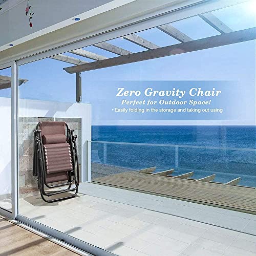 Set of 2 Adjustable Steel Mesh Zero Gravity Lounge Chair Recliners w/Pillows and Cup Holder Trays (Brown)