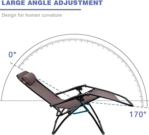 Set of 2 Adjustable Steel Mesh Zero Gravity Lounge Chair Recliners w/Pillows and Cup Holder Trays (Brown)