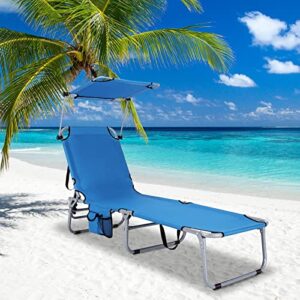 tangkula outdoor folding chaise lounge chair, 5-fold reclining beach chair, patio recliner chair w/ 360° canopy shade & side storage pocket, portable chaise lounge for beach, sunbathing (1, navy)