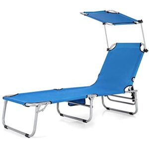 Tangkula Outdoor Folding Chaise Lounge Chair, 5-Fold Reclining Beach Chair, Patio Recliner Chair w/ 360° Canopy Shade & Side Storage Pocket, Portable Chaise Lounge for Beach, Sunbathing (1, Navy)