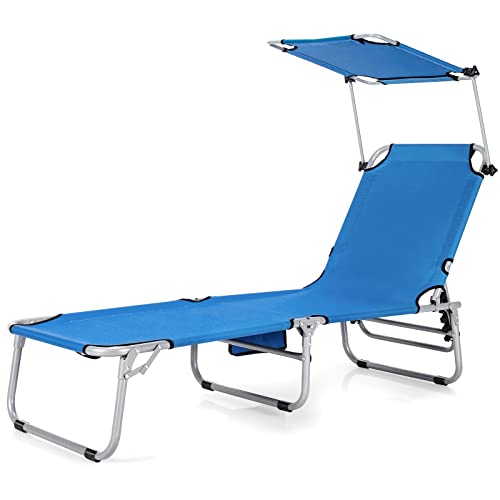 Tangkula Outdoor Folding Chaise Lounge Chair, 5-Fold Reclining Beach Chair, Patio Recliner Chair w/ 360° Canopy Shade & Side Storage Pocket, Portable Chaise Lounge for Beach, Sunbathing (1, Navy)