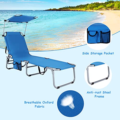 Tangkula Outdoor Folding Chaise Lounge Chair, 5-Fold Reclining Beach Chair, Patio Recliner Chair w/ 360° Canopy Shade & Side Storage Pocket, Portable Chaise Lounge for Beach, Sunbathing (1, Navy)