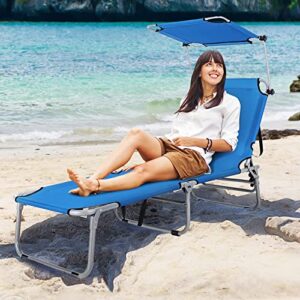 Tangkula Outdoor Folding Chaise Lounge Chair, 5-Fold Reclining Beach Chair, Patio Recliner Chair w/ 360° Canopy Shade & Side Storage Pocket, Portable Chaise Lounge for Beach, Sunbathing (1, Navy)