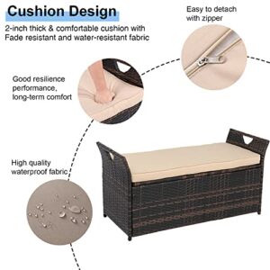 FurniSdoo PE Rattan Outdoor Storage Bench, Wicker Deck Storage Box with Comfy Beige Seat Cushion, Perfect for Patio Porch Garden Balcony Yard Garden Tools Pool Toys, 33 Gallon Brown