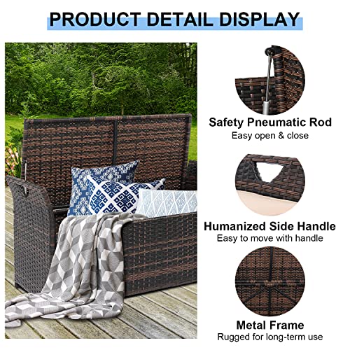 FurniSdoo PE Rattan Outdoor Storage Bench, Wicker Deck Storage Box with Comfy Beige Seat Cushion, Perfect for Patio Porch Garden Balcony Yard Garden Tools Pool Toys, 33 Gallon Brown