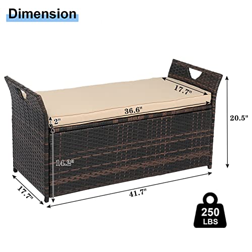 FurniSdoo PE Rattan Outdoor Storage Bench, Wicker Deck Storage Box with Comfy Beige Seat Cushion, Perfect for Patio Porch Garden Balcony Yard Garden Tools Pool Toys, 33 Gallon Brown