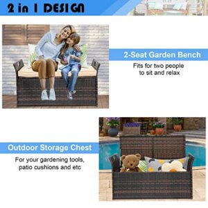 FurniSdoo PE Rattan Outdoor Storage Bench, Wicker Deck Storage Box with Comfy Beige Seat Cushion, Perfect for Patio Porch Garden Balcony Yard Garden Tools Pool Toys, 33 Gallon Brown