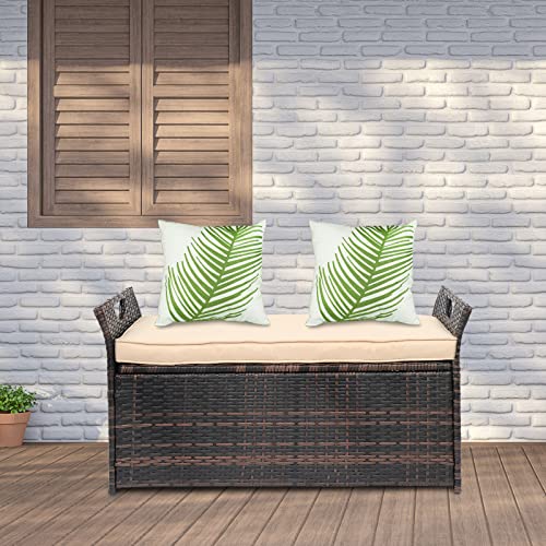 FurniSdoo PE Rattan Outdoor Storage Bench, Wicker Deck Storage Box with Comfy Beige Seat Cushion, Perfect for Patio Porch Garden Balcony Yard Garden Tools Pool Toys, 33 Gallon Brown