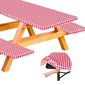 turstin 3 pieces 72 inch vinyl picnic table and bench fitted tablecloth cover elastic plastic tablecloth waterproof checkered table cover for picnic indoor outdoor dining, red and white