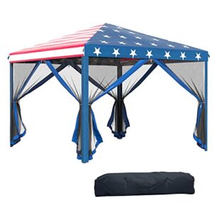 Outsunny 10' x 10' Pop Up Canopy Tent with Netting and Portable Carry Bag, Instant Sun Shelter, Tents for Parties, Height Adjustable, for Outdoor, Garden, Patio, American Flag