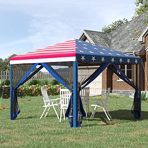 Outsunny 10' x 10' Pop Up Canopy Tent with Netting and Portable Carry Bag, Instant Sun Shelter, Tents for Parties, Height Adjustable, for Outdoor, Garden, Patio, American Flag