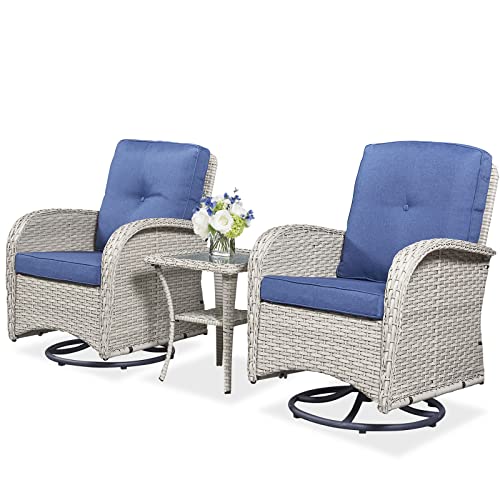 Belord Patio Swviel Glider Chairs Outdoor Swivel Rocker, Small Patio Bistro Set 3 Pieces Wicker Patio Furniture Sets, Swivel Patio Chairs Set of 2 with Tempered Glass Side Table, Blue Cushion