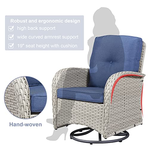 Belord Patio Swviel Glider Chairs Outdoor Swivel Rocker, Small Patio Bistro Set 3 Pieces Wicker Patio Furniture Sets, Swivel Patio Chairs Set of 2 with Tempered Glass Side Table, Blue Cushion