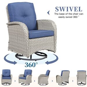 Belord Patio Swviel Glider Chairs Outdoor Swivel Rocker, Small Patio Bistro Set 3 Pieces Wicker Patio Furniture Sets, Swivel Patio Chairs Set of 2 with Tempered Glass Side Table, Blue Cushion