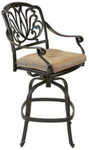 theworldofpatio elizabeth cast aluminum powder coated 4 swivel bar stools 30″ with walnut seat cushions- antique bronze