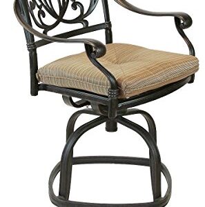 theWorldofpatio Elizabeth Cast Aluminum Powder Coated 4 Swivel Bar Stools 30" with Walnut Seat Cushions- Antique Bronze