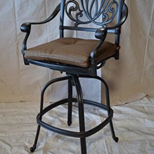 theWorldofpatio Elizabeth Cast Aluminum Powder Coated 4 Swivel Bar Stools 30" with Walnut Seat Cushions- Antique Bronze