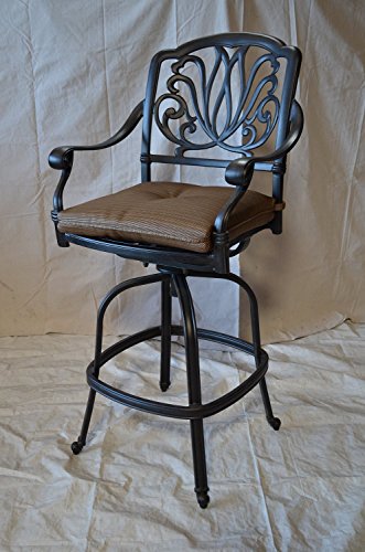 theWorldofpatio Elizabeth Cast Aluminum Powder Coated 4 Swivel Bar Stools 30" with Walnut Seat Cushions- Antique Bronze