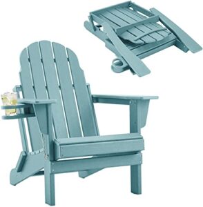 mellcom folding adirondack chair with cup holder, all-weather hdpe fire pit chairs, 5 steps easy installation, widely used in patio, pool side, deck, backyard, garden, aruba blue…