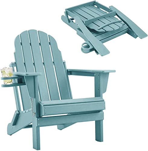 MELLCOM Folding Adirondack Chair with Cup Holder, All-Weather HDPE Fire Pit Chairs, 5 Steps Easy Installation, Widely Used in Patio, Pool Side, Deck, Backyard, Garden, Aruba Blue…