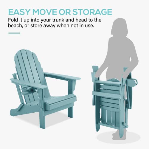 MELLCOM Folding Adirondack Chair with Cup Holder, All-Weather HDPE Fire Pit Chairs, 5 Steps Easy Installation, Widely Used in Patio, Pool Side, Deck, Backyard, Garden, Aruba Blue…