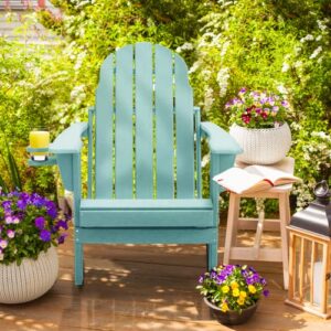 MELLCOM Folding Adirondack Chair with Cup Holder, All-Weather HDPE Fire Pit Chairs, 5 Steps Easy Installation, Widely Used in Patio, Pool Side, Deck, Backyard, Garden, Aruba Blue…