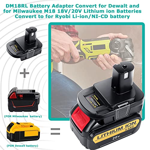 DM18RL Adapter Converter, Battery Adapter for Dewalt for Milwaukee M18 18V/20V Lithium ion Batteries Convert to for Ryobi P108 18V Li-ion NI-CD NI-MH ABP1801 Battery, with USB Port