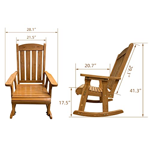 Wooden Rocking Chair with Comfortable Backrest Inclination, High Backrest and Deep Contoured Seat, Solid Fir Wood, Heavy Duty 600 LBS, for Both Outdoor and Indoor, Backyard, Porch and Patio