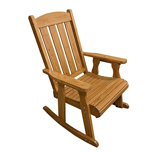 Wooden Rocking Chair with Comfortable Backrest Inclination, High Backrest and Deep Contoured Seat, Solid Fir Wood, Heavy Duty 600 LBS, for Both Outdoor and Indoor, Backyard, Porch and Patio