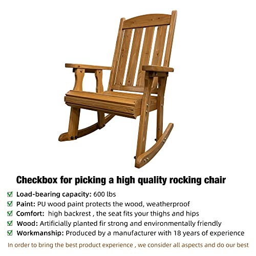 Wooden Rocking Chair with Comfortable Backrest Inclination, High Backrest and Deep Contoured Seat, Solid Fir Wood, Heavy Duty 600 LBS, for Both Outdoor and Indoor, Backyard, Porch and Patio