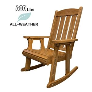 Wooden Rocking Chair with Comfortable Backrest Inclination, High Backrest and Deep Contoured Seat, Solid Fir Wood, Heavy Duty 600 LBS, for Both Outdoor and Indoor, Backyard, Porch and Patio