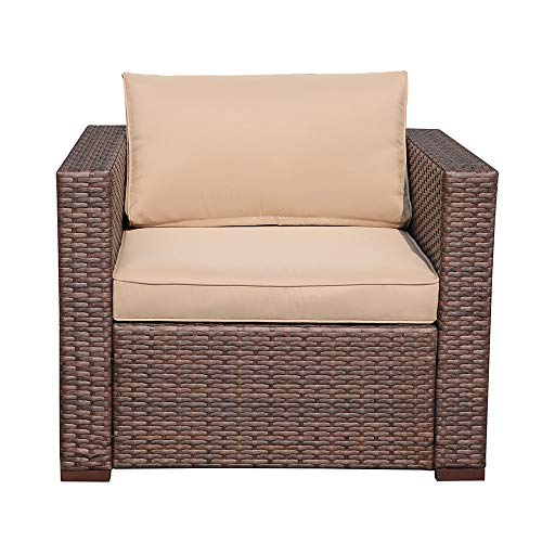 Super Patio Outdoor Chair, PE Wicker Rattan Patio Chair, All Weather Outdoor Furniture Armchair Sofa with Thick Beige Cushions, Steel Frame, Brown