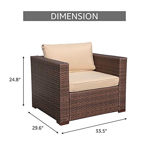 Super Patio Outdoor Chair, PE Wicker Rattan Patio Chair, All Weather Outdoor Furniture Armchair Sofa with Thick Beige Cushions, Steel Frame, Brown